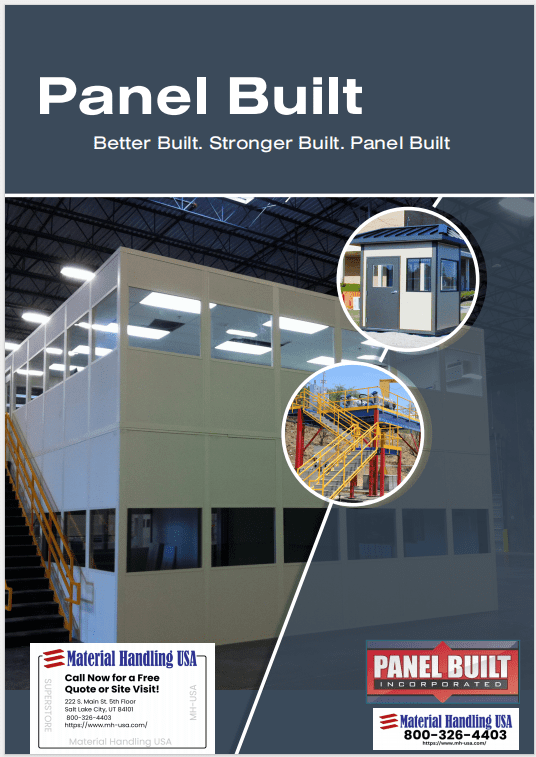 Explore the innovative design in this poster featuring a modular building by Panel Built. The main image showcases a two-story structure within an industrial space, complemented by insets of exterior views and a staircase. Dive into our Material Handling Literature for more insights. Contact info for Material Handling USA is at the bottom.