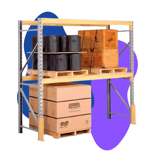 Warehouse shelving unit with industrial items: wooden crates, black containers, and labeled cardboard boxes on wooden pallets, displayed against a background with blue and purple abstract shapes.