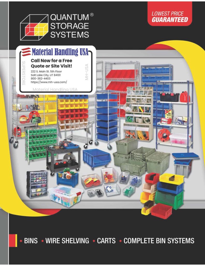 Catalog cover for Quantum Storage Systems featuring vibrant colored storage bins, shelving units, and carts. Contact information for Material Handling USA is displayed over the image. Shelving brochures detail the offer of a lowest price guarantee.