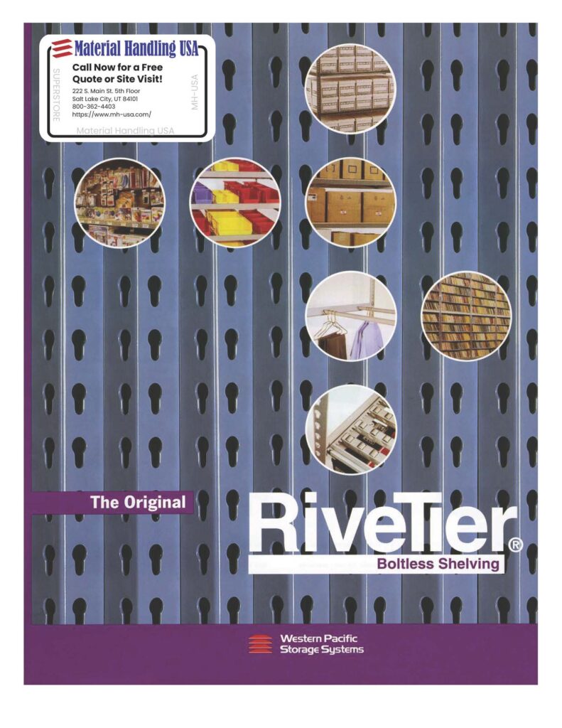 The Western Pacific Shelving Brochures showcase Rivetier Boltless Shelving, set against a blue background with keyhole designs. Product images adorn the top right and contact details sit on the top left. The Original proudly marks its place near the bottom.