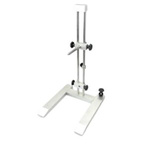 The Scilogex adjustable laboratory stand, made of durable metal, features two vertical rods and a horizontal support on a sleek white base. Its expertly designed to securely hold lab equipment in place during experiments.
