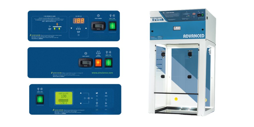 This image showcases a state-of-the-art chemical fume hood labeled ADVANCED. The blue control panel, featuring digital screens and buttons, offers detailed close-up views revealing various settings and indicators, exemplifying essential laboratory safety equipment.