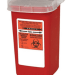 This red biohazard sharps container, essential for healthcare environments, comes with a clear lid and is labeled for regulated medical waste. It features a prominent biohazard symbol and caution text, indicating it is full.