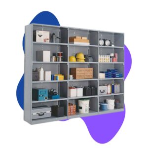 A gray metal shelving unit filled with various items, including safety helmets, paint cans, boxes, cleaning supplies, and tools. The background features abstract blue and purple shapes.
