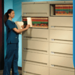 A woman in blue medical scrubs stands before a tall filing cabinet, holding healthcare files and reaching for a file in the cabinet. The cabinet is meticulously divided into sections labeled alphabetically.