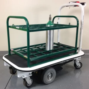 The Electro Kinetic Technologies Pony Express Motorized Medical Cylinder Cart, featuring a coated rack and white handle, secures 24 cylinders. Its four large wheels ensure smooth mobility across the gray, speckled floor.
