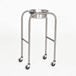 A stainless steel rolling stand with four wheels, featuring a round basin at the top. Its sturdy, minimalist design is perfect for healthcare environments, ensuring both functionality and ease of movement.