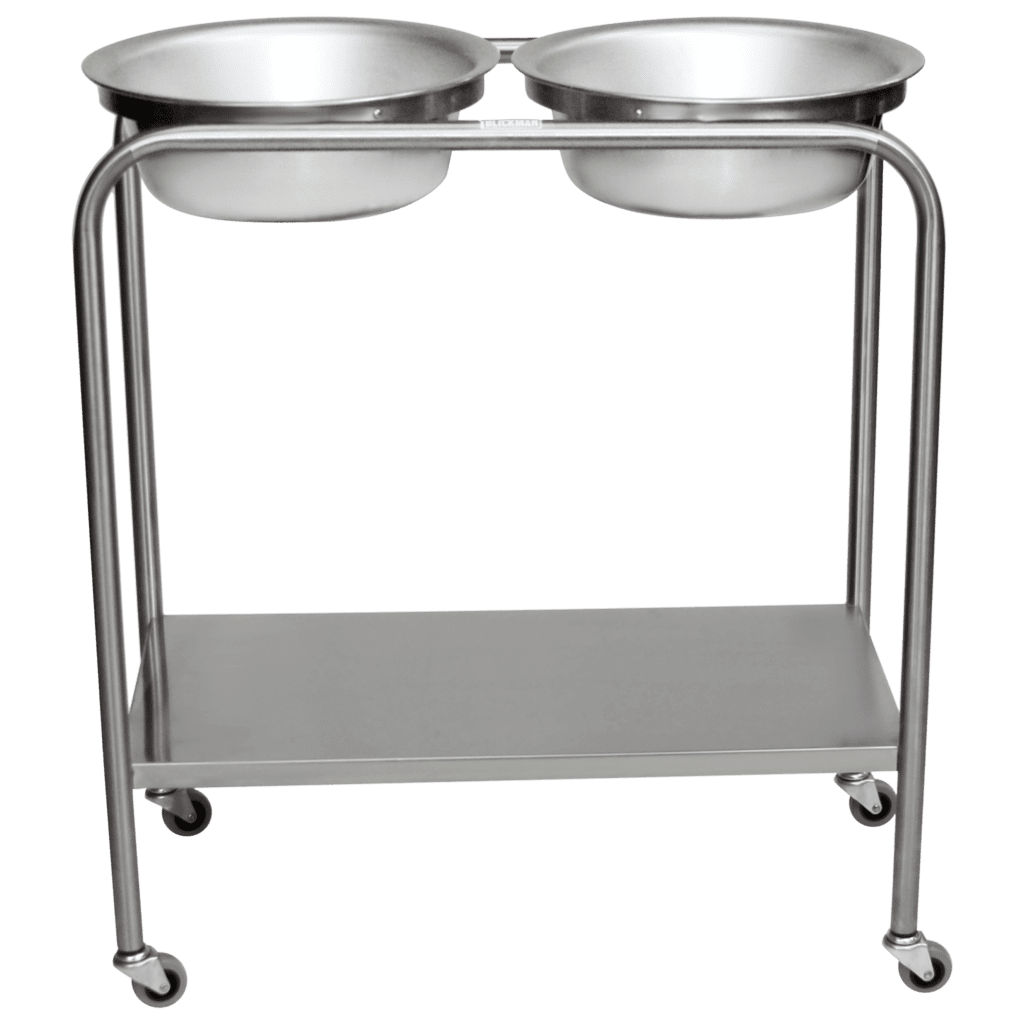 The Blickman double basin medical stand features two stainless steel bowls on top and a convenient storage shelf below. Equipped with four caster wheels, it offers seamless mobility for any healthcare setting.