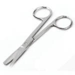 A pair of small, shiny stainless steel scissors with rounded tips for precision cutting, ideal in healthcare settings. Set against a white background, these scissors feature symmetrical handles for comfortable use.