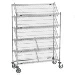 A metal rolling rack with five slanted wire shelves, designed for storage in healthcare settings, stands on four caster wheels. The open, evenly spaced shelves are ideal for organizing or displaying medical supplies.