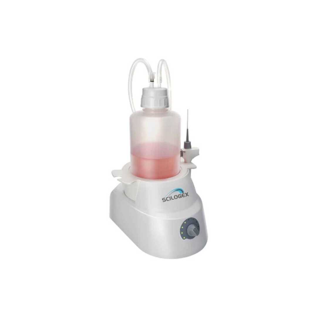 A SCILOGEX laboratory bottle top dispenser showcases precision with its partially filled container of pink liquid. The device, featuring sleek tubes and a control dial on its white base, promises accuracy and reliability in every use.