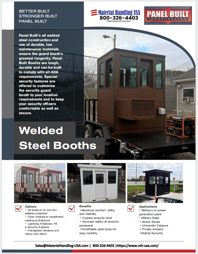 Promotional flyer for Panel Builts welded steel booths, showcased in the Material Handling Literature Gallery. Discover various designs highlighting benefits like security and durability, perfect for applications such as guard booths. Contact Material Handling USA for more information.