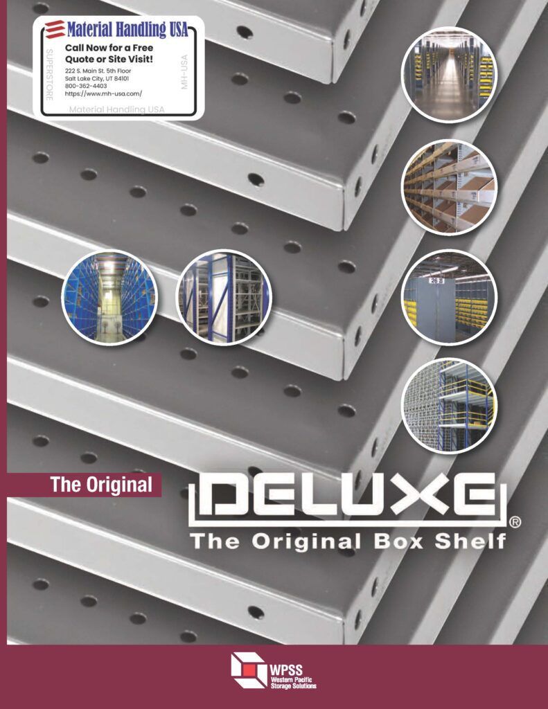 The image showcases a brochure for Deluxe The Original Box Shelf by Material Handling USA, resembling Western Pacific Shelving Brochures. It features stacked shelves with circular insets, various configurations, and the company logo. Contact info is visible in the top left corner.