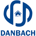 A blue logo with stylized letters forms an abstract shape, reminiscent of various types of cranes. Inside, a small house icon rests over waves. The word DANBACH is boldly inscribed in blue beneath the design.