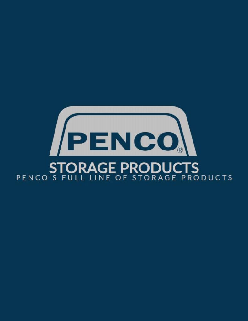 Logo with a dark blue background and a silver emblem displaying PENCO in bold letters. Below, it reads STORAGE PRODUCTS and PENCOS FULL LINE OF STORAGE PRODUCTS in smaller text, capturing the essence of premier storage solutions in material handling.