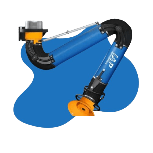 The industrial blue and black articulated arm, featuring an orange and yellow end tool, integrates seamlessly with air purification systems. Mounted on a wall bracket, its swiveling joint allows versatile movement against a clean, white background.