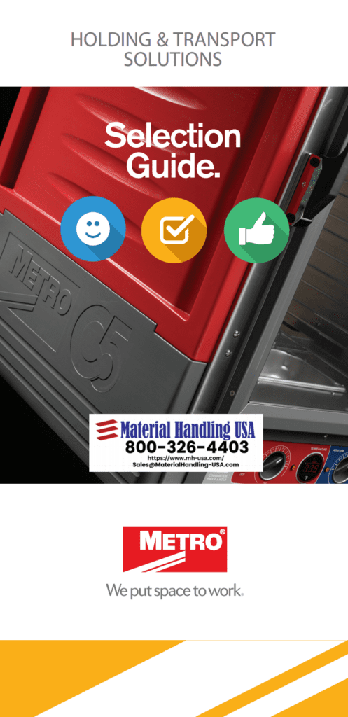 Promotional image showcasing a red and black holding cabinet with the text Selection Guide. Featuring icons for social media, a phone number for Material Handling USA, and the Metro logo with the slogan We put space to work. Discover more in our comprehensive Metro Shelving brochures.