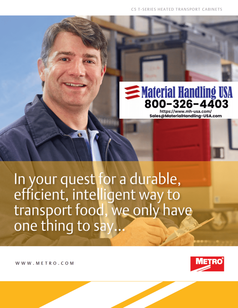 In a workshop setting, a smiling man stands beside a Material Handling USA sign featuring contact details. Text overlay highlights efficient and durable food transport, while the Metro logo and website are displayed below. Discover more in our comprehensive Material Handling Literature Gallery.