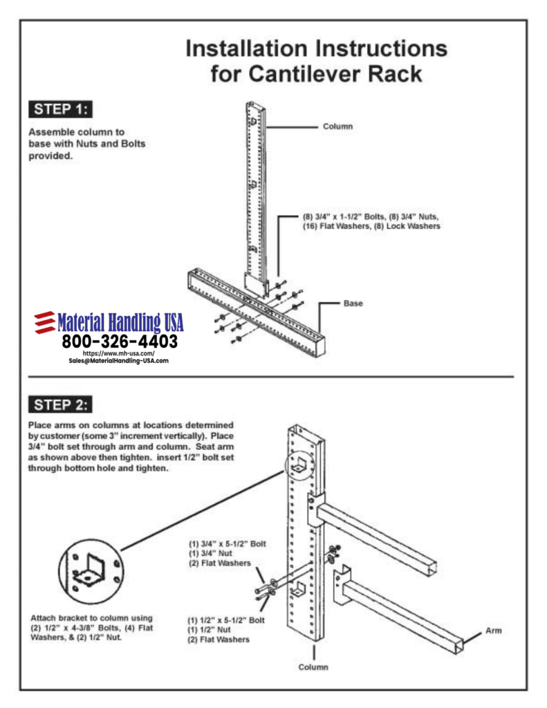 Diagram of cantilever rack installation instructions. Step 1 shows column assembly with nuts and bolts. Step 2 details arm placement and bracket attachment using 1/2 bolts. For further guidance, visit the Material Handling Literature Gallery or contact Material Handling USA directly.