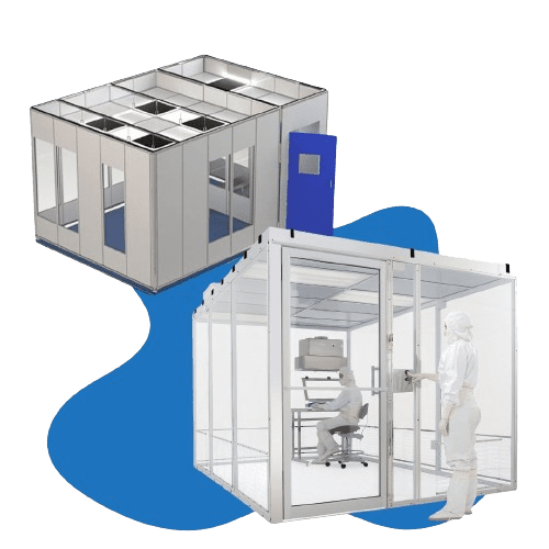 Two modular cleanrooms are displayed. The top one, an ISO clean room, is a closed cube with windows and a blue door. The bottom open cleanroom features a person in white attire operating equipment inside a transparent structure, adhering to strict clean room standards.