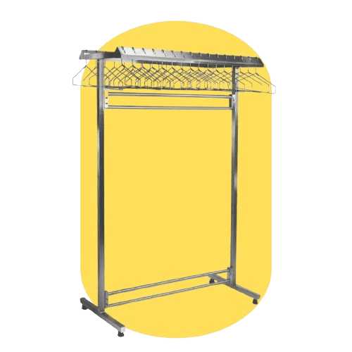 A metal garment rack with a top shelf featuring angled slots for hangers, standing on wheels. Designed to meet clean room standards, it has a rectangular frame and supports for stability, set against a yellow oval background.