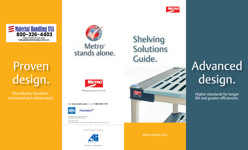 The cover of the Metro Shelving Solutions Guide boasts Metro stands alone and Proven design on the left, with Advanced design on the right. A shelving unit peeks from the corner. Contact details for Material Handling USA are at the top of this essential Metro Shelving Brochure.
