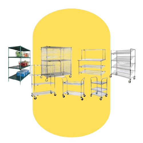 Various metal storage and utility carts are displayed on a yellow background. Designed for diverse storage needs, these material handling products come in different sizes=