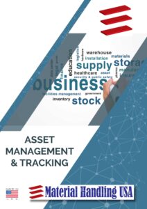 Text-heavy poster featuring phrases like business, supply, and stock alongside Enasys Asset Tracking Software. It boasts a digital network background, a pen-writing hand, and the logo Material Handling USA, complete with a proud Made in USA label.