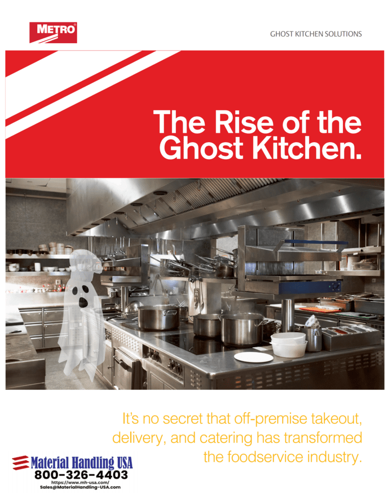 A modern commercial kitchen with stainless steel appliances and cookware is neatly organized using Metro Shelving. A cartoon ghost, donning a chefs hat, floats nearby, playfully nodding to the rise of ghost kitchens and their transformative impact on the foodservice industry.