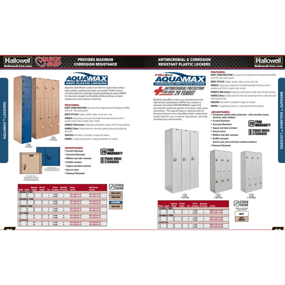 Discover the Hallowell Aquamax plastic lockers, featuring an antimicrobial coating and corrosion resistance. This brochure showcases locker images, includes detailed specifications, outlines advantages, and highlights a 20-year warranty assurance for unmatched quality.
