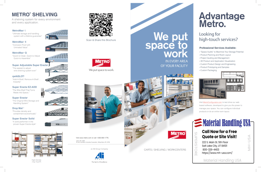 Brochure for Metro shelving, featuring our extensive material handling products and professional services. We put space to work. Includes a visual gallery of workers, contact details, and a QR code for more information.