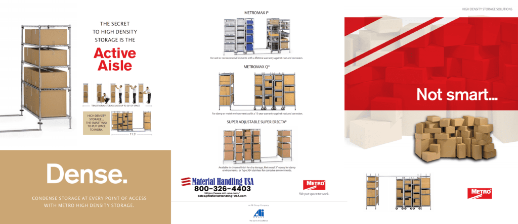 An advertisement featuring Metro Shelving brochures highlights industrial systems labeled Dense and Active Aisle. Displaying various configurations and a playful scene with scattered boxes under the text Not smart..., it includes company contact details and logos.