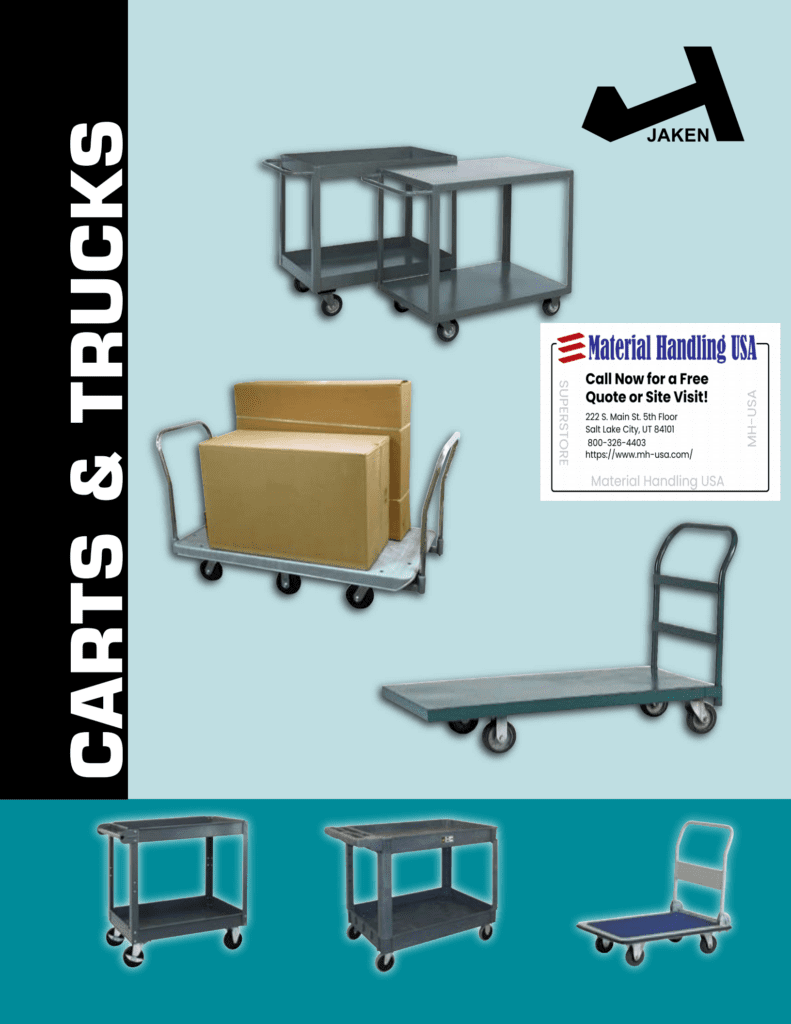 A promotional poster features Jaken carts and trucks, highlighting various hand trucks and carts. One cart carries large cardboard boxes, while a contact information box from Material Handling USA is on the right. Three smaller cart images are showcased at the bottom, creating a dynamic Material Handling Literature Gallery.