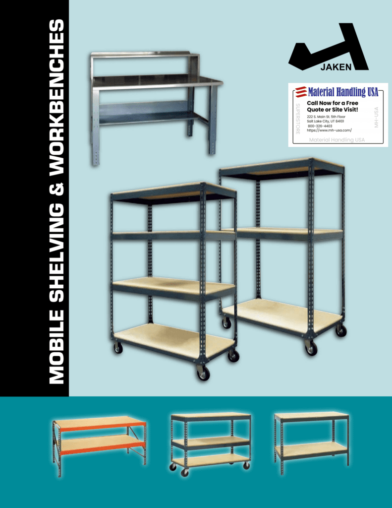 The image showcases a Material Handling Literature Gallery titled Mobile Shelving & Workbenches. Featured are three wheeled shelves with wooden panels, alongside diverse bench designs. A Jaken logo and contact card for Material Handling complete the presentation.