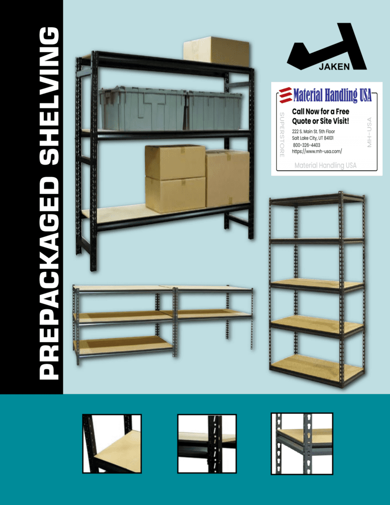 Explore our Shelving advertisement featuring a variety of storage rack designs, complemented by shelves with gray bins and cardboard boxes. Discover more in the Material Handling Literature Gallery, complete with our company contact details and branding for Material Handling USA.