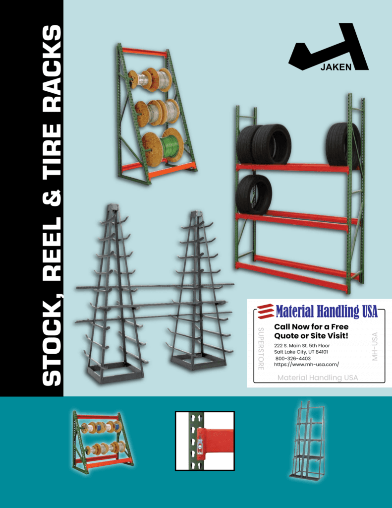A poster from the Material Handling Literature Gallery showcases various stock, reel, and tire racks. It features different types of industrial racks with contact information for Material Handling USA. The blue background is accented by the Jaken logo in the top right corner.