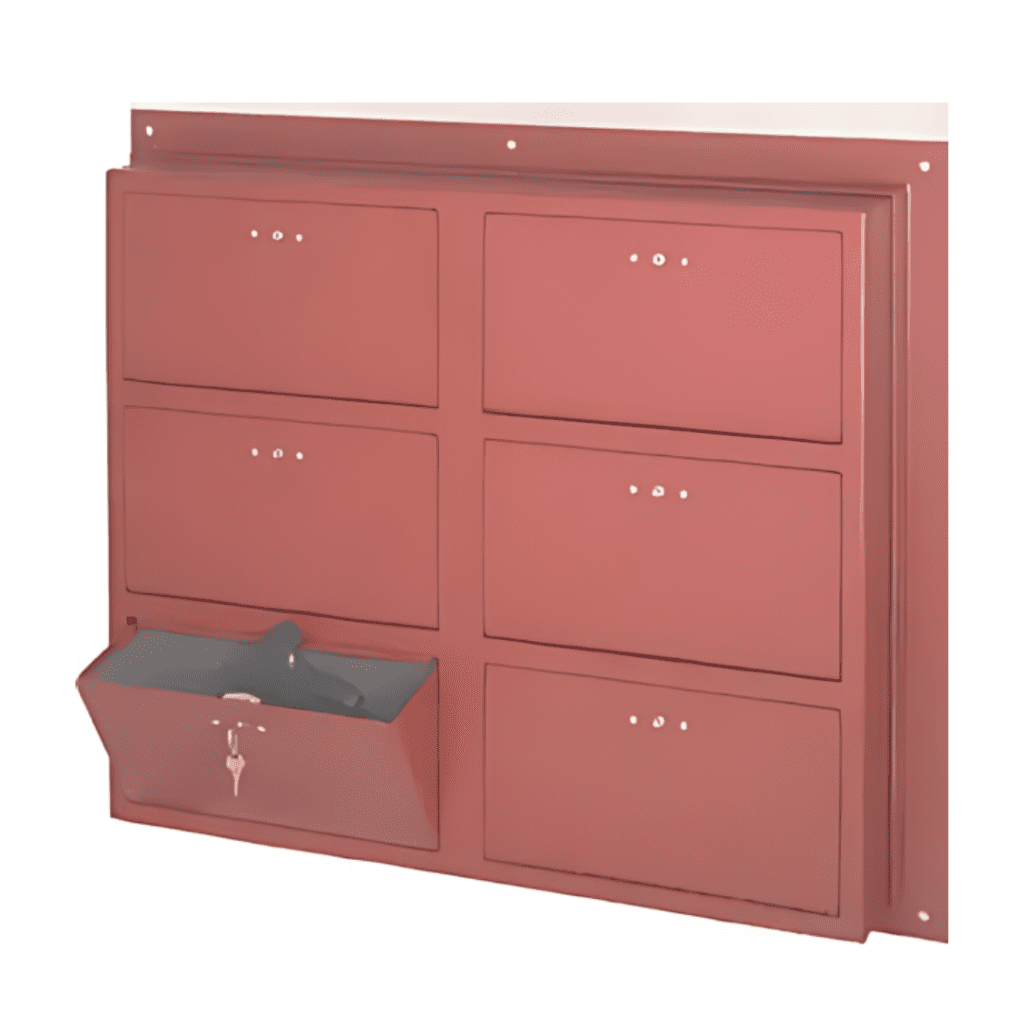 A red metal wall-mounted mailbox, reminiscent of evidence lockers, features six compartments. The bottom left is open, revealing a key inside. Its design includes a flat surface with small holes above each compartment.