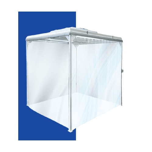 Clear glass shower enclosure with a sleek frame set against a blue and white background, embodying a clean room design. The structure features transparent panels with sharp, clean edges.