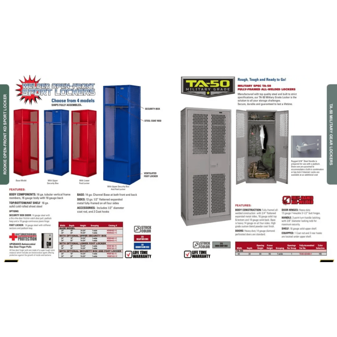 A comparison chart of various metal sports lockers features four vibrant open-front options on the left, each detailed in description. On the right, a gray military-grade Hallowell locker stands out with specifications and an open view showcasing its storage capacity.