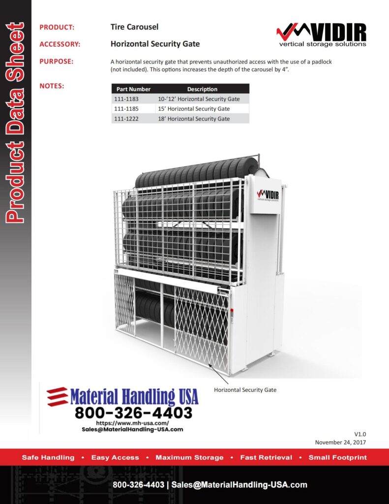 Explore the data sheet for Vidirs horizontal security gate, part of the Material Handling Literature Gallery. It features an image of the gate, detailed part numbers, various gate sizes=