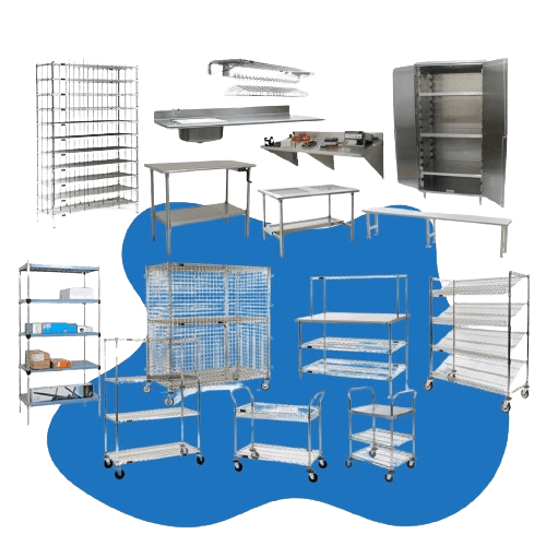 Collage of various stainless steel kitchen and storage equipment from Eagle Group, including shelving units, carts, tables, and racks on a blue background.