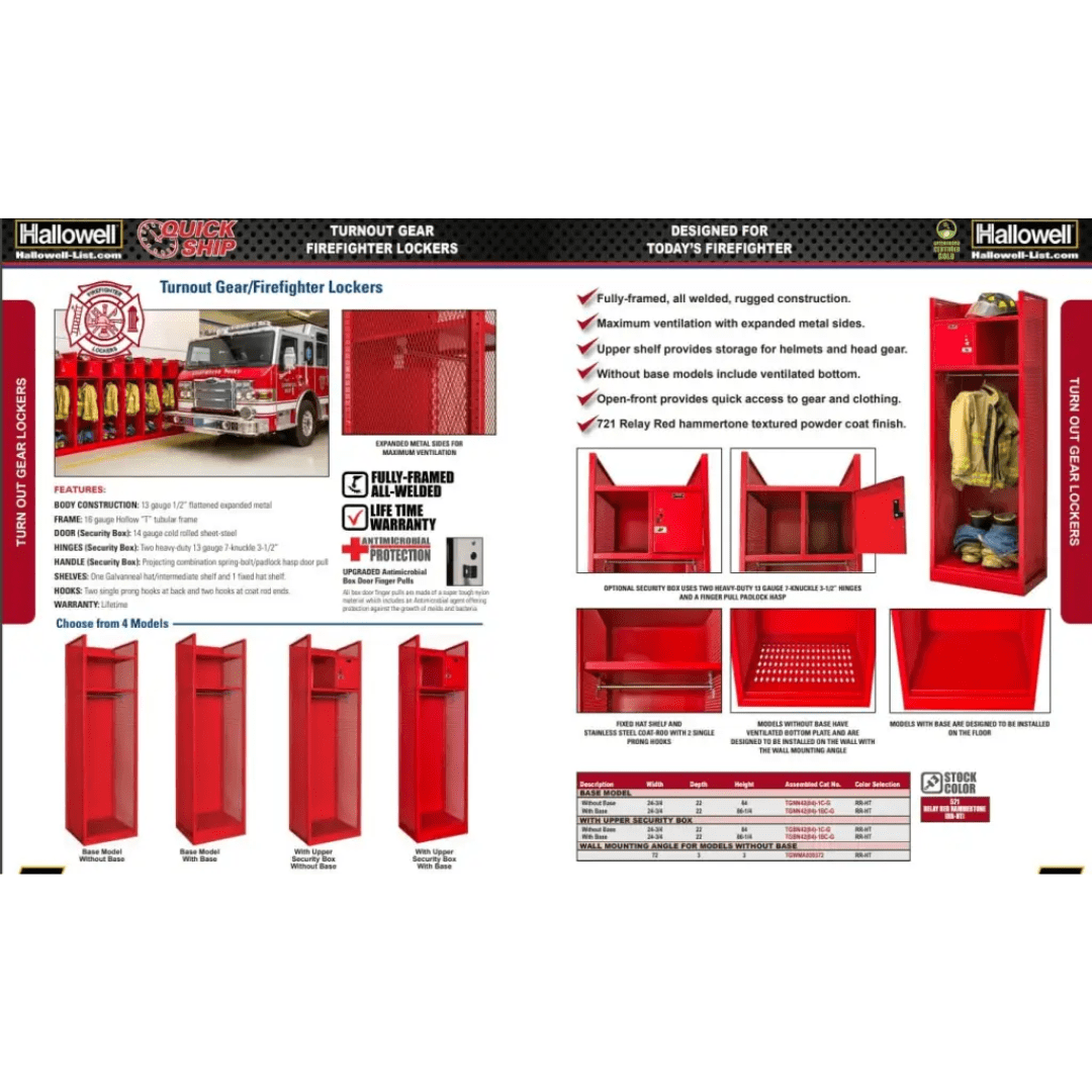 Experience premium organization with our red turnout gear lockers, expertly crafted for firefighters. Featuring Hallowell locker quality, the design includes open compartments for helmets and boots, and a fire truck image. Enjoy venting, full-frame construction, and a powder coat finish.