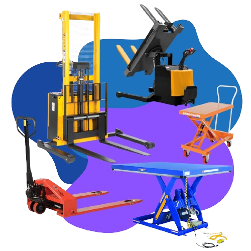 An assortment of ergonomic material handling equipment, featuring a yellow forklift, a black and orange electric lifter, an orange hydraulic lift table, a red pallet jack, and a blue scissor lift set against a blue and purple backdrop.