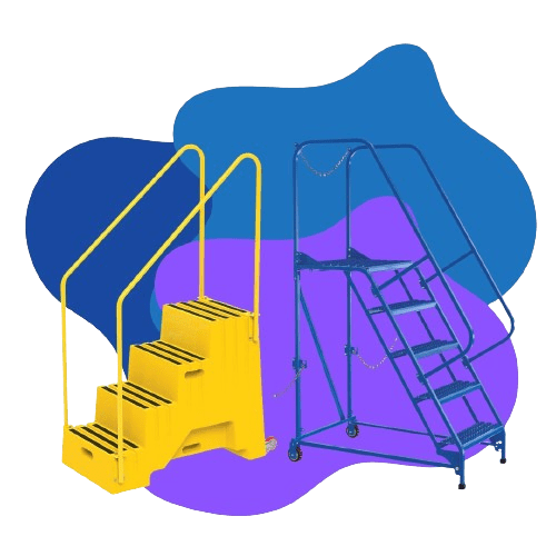 Two types of portable stairs on a colorful abstract background: a yellow plastic stair with four steps and handrails, and a blue metal rolling ladder with five steps and handrails, resembling Vestil Industrial Ladders for versatile use.