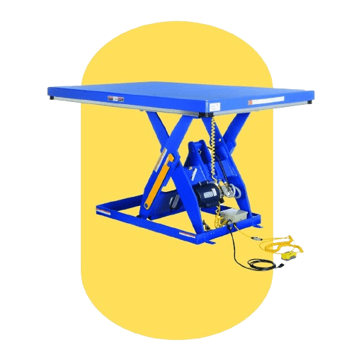 Blue scissor lift table with a rectangular platform, set against a yellow background. Featuring a hydraulic mechanism and coiled cables linked to a control box, this Vestil Ergonomic Solution is designed to reduce workplace injuries by enhancing ergonomic material handling.
