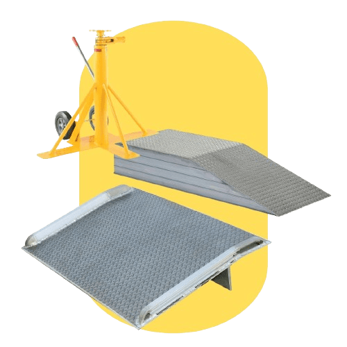 Image of three industrial metal ramps against a yellow background. One ramp is a portable ramp with wheels and a handle, promoting efficient loading dock operations. The other two are flat ramps with textured surfaces for traction, enhancing industrial loading dock safety.