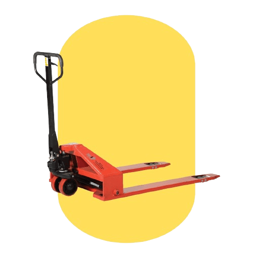 Red manual pallet jack set against a yellow background, exemplifying workplace ergonomic products aimed at reducing workplace injuries.