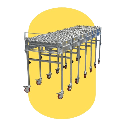 This Vestil Ergonomic Solutions metal roller conveyor boasts multiple legs and caster wheels, offering an elevated design with parallel rollers for seamless item movement. A solid yellow shape frames this workplace ergonomic product, designed to reduce workplace injuries.