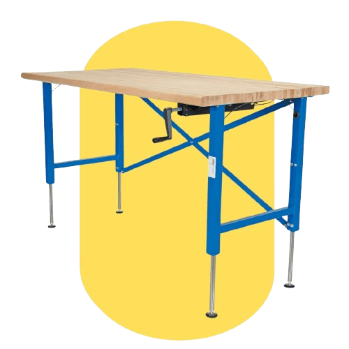 A wooden workbench with blue adjustable metal legs is centered against a yellow background. Featuring a hand crank for height adjustment, it exemplifies ergonomic material handling equipment designed to enhance workplace efficiency and comfort.