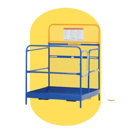 The Vestil Ergonomic Solutions blue and yellow metal forklift safety cage features mesh panels and a chain door, all set against a solid yellow oval background. Its designed to ensure both safety and flexibility in workplace ergonomic products.